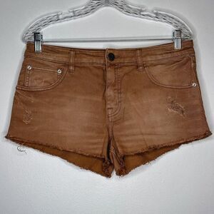 Free People‎ Distressed Brown Orange Raw Hem Summer Shorts
